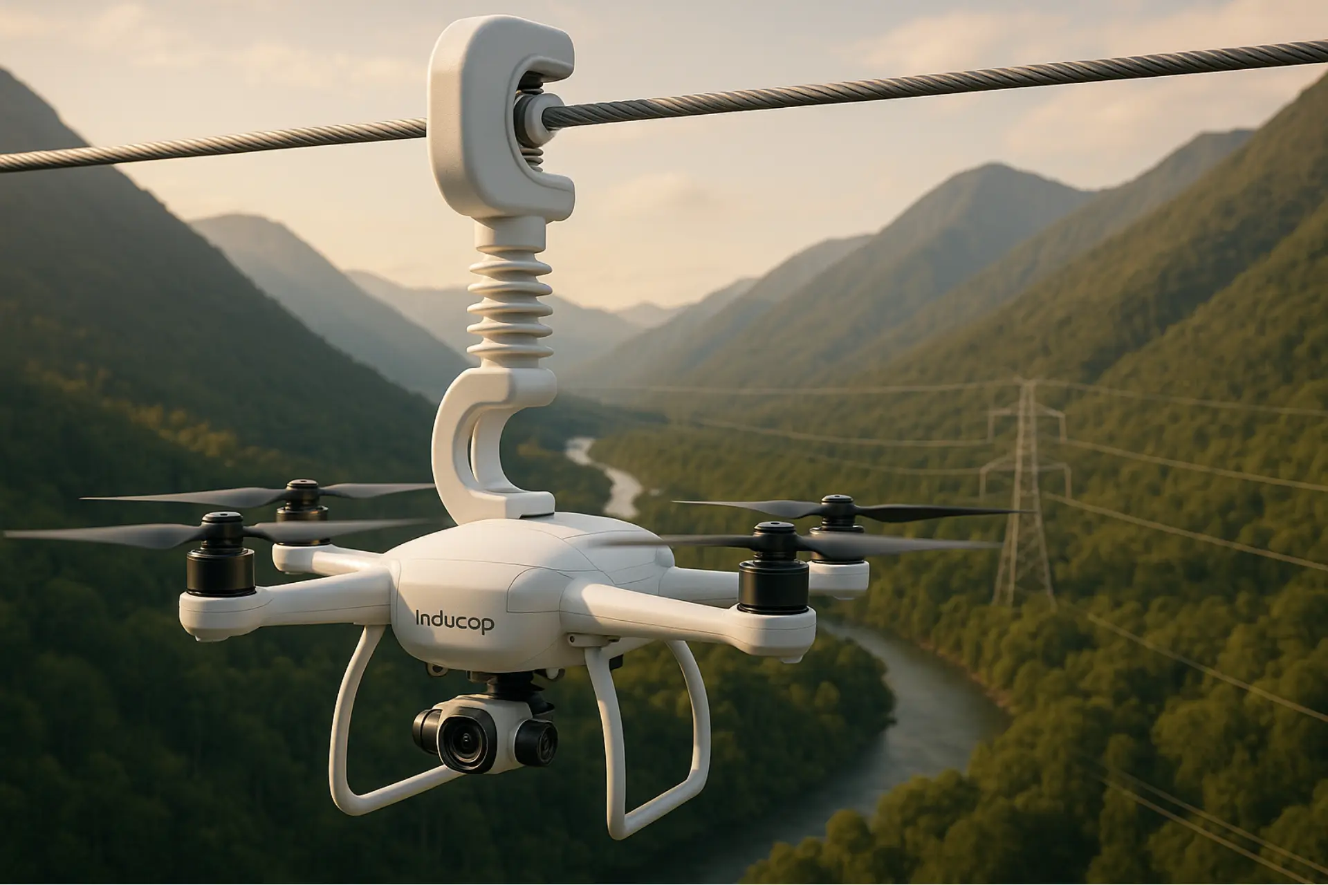 Drone InduCop acoplado à linha de transmissão em operação de inspeção térmica